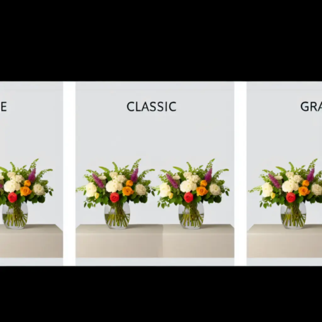 Virágkompozíciók többféle méretben, egy asztalnál szemléltetve a magasságot és a volumeneket.