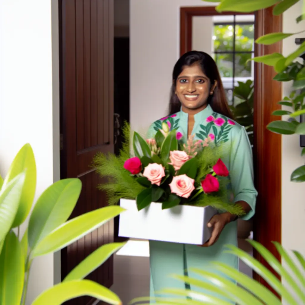 Futár gondosan tart egy virágdobozos csokrot kiszállítás közben.