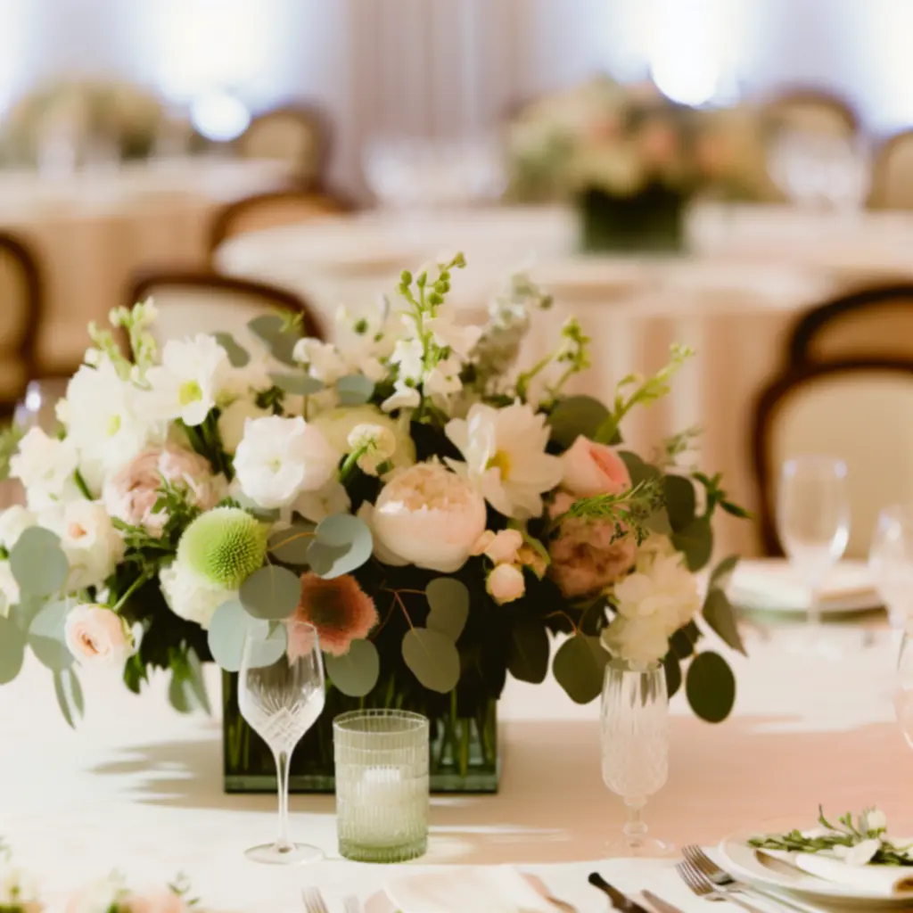 Esküvői asztaldísz lágy, romantikus színekben megterített asztalon.