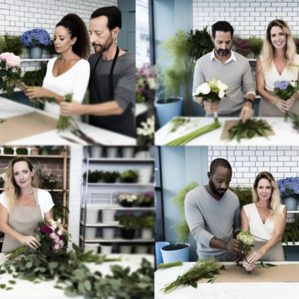 Tapasztalt floristacsapat munka közben, elegáns virágkölteményeket készítve.