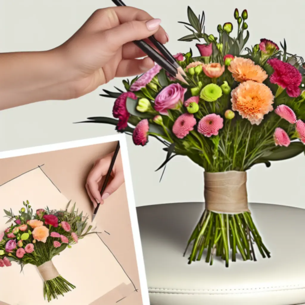 Művészi, pasztellszínű csokor finom részletekkel, inspirációként elhelyezve.