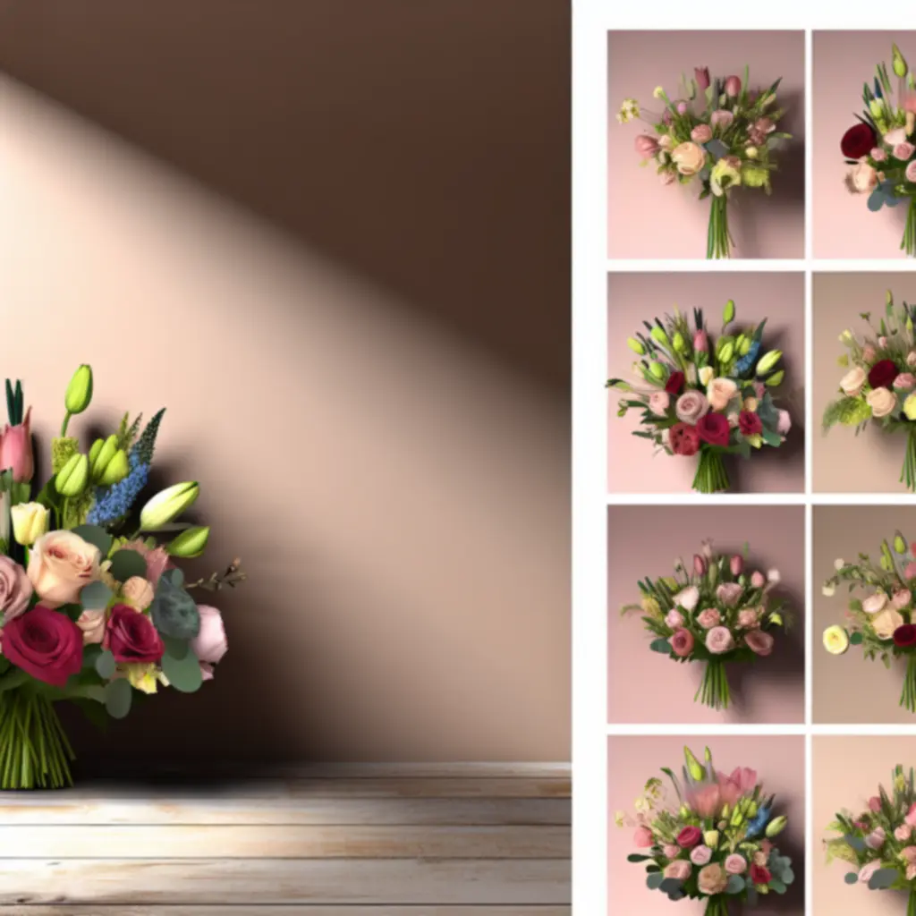 Finom pasztell árnyalatú virágkompozíciók válogatása egy elegáns asztalon.