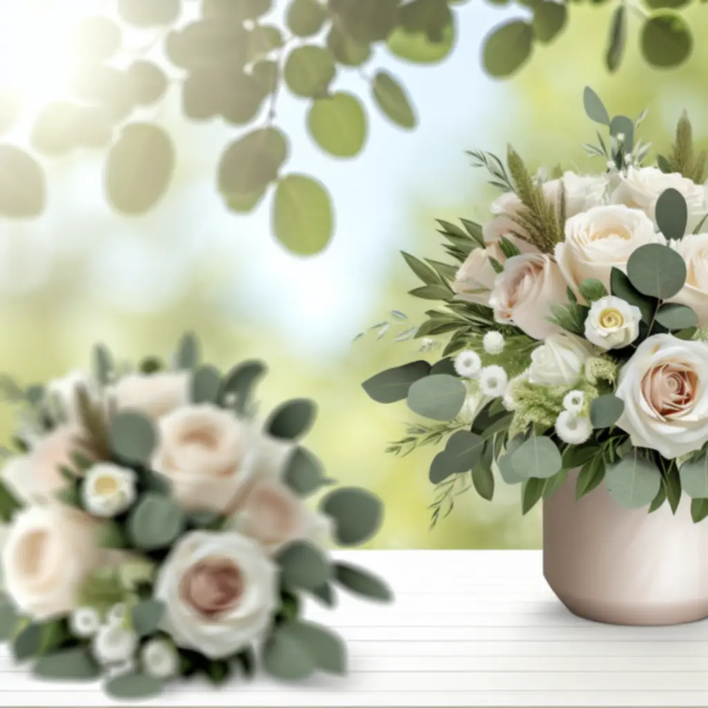 Elegáns, romantikus virágcsokrok és virágköltemények bemutatóasztalon.