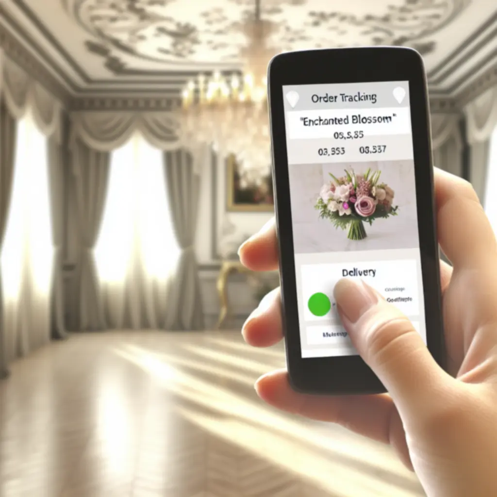 Mobilos rendeléskövető felület, amely megmutatja a Roseline Flowers virágküldeményének státuszát.