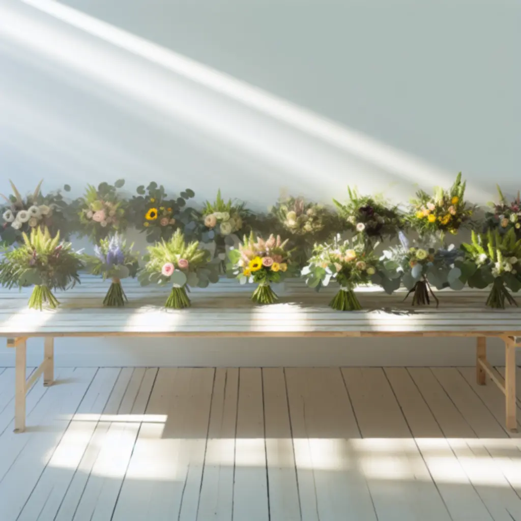 Szezonális, kézzel kötött virágcsokrok romantikus, természetes stílusban.