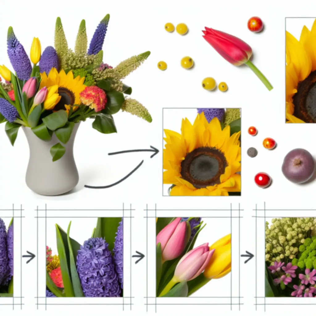 Szezonális virágkompozíció természetes textúrákkal és évszakhoz illő színekkel.