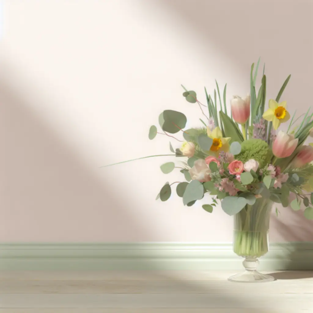 Tavaszi hangulatú, friss virágokból készült kézzel kötött csokrok egy asztalon