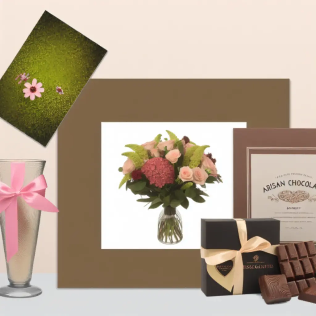 Virágkompozíció prémium csokoládéval, elegáns vázával és üdvözlőkártyával.