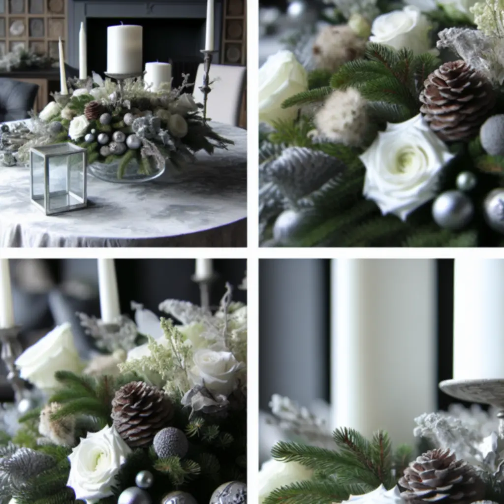 Téli, elegáns virágdísz egy ünnepi asztalon